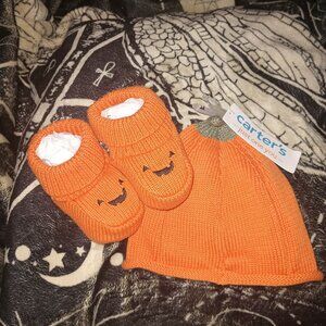 Carter's Orange Pumpkin Kint Hat/Sock Set One Size 100% Cotton